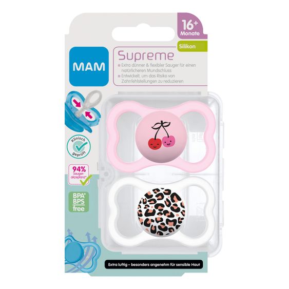 MAM Schnuller 2er Pack Supreme - Silikon ab 16 M - Kirsche & Leopard