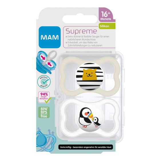 MAM Schnuller 2er Pack Supreme - Silikon ab 16 M - Papageitaucher & Katze