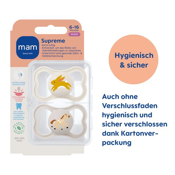 MAM Pacifier 2-Pack Supreme - Silicone - Beige - Size: 6-16 M