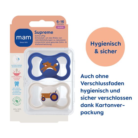 MAM Pacifier 2-Pack Supreme - Silicone - Blue - Size: 6-16 M