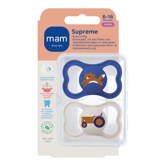MAM Pacifier 2-Pack Supreme - Silicone - Blue - Size: 6-16 M