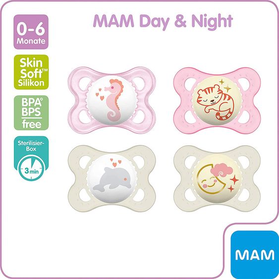 MAM Schnuller 4er Pack Day & Night - Silikon 0-6 M - Delfin Tiger Mond