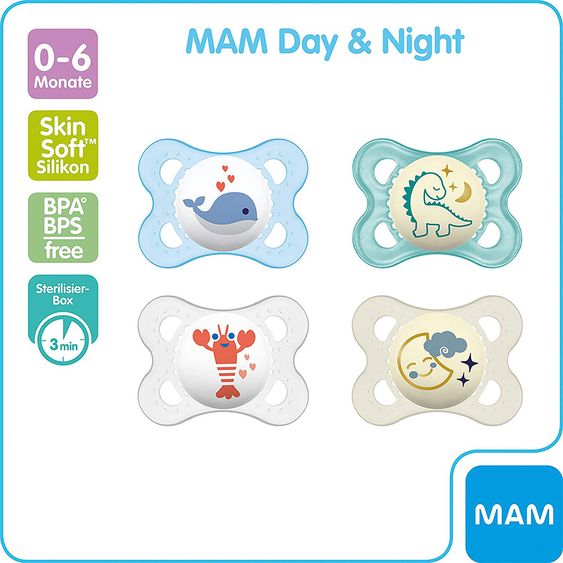 MAM Schnuller 4er Pack Day & Night - Silikon 0-6 M - Wal Hummer Dino