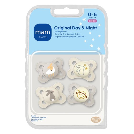 MAM Pacifier 4-Pack Original Day & Night Silicone - Beige & Grey - Size: 0-6 M