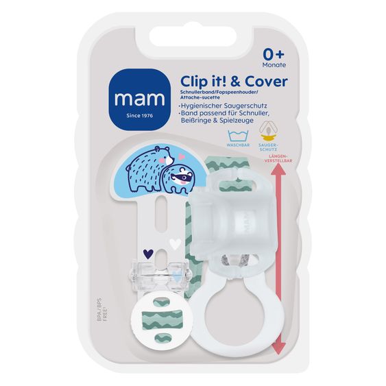 MAM Pacifier strap Clip it! with cover - bear