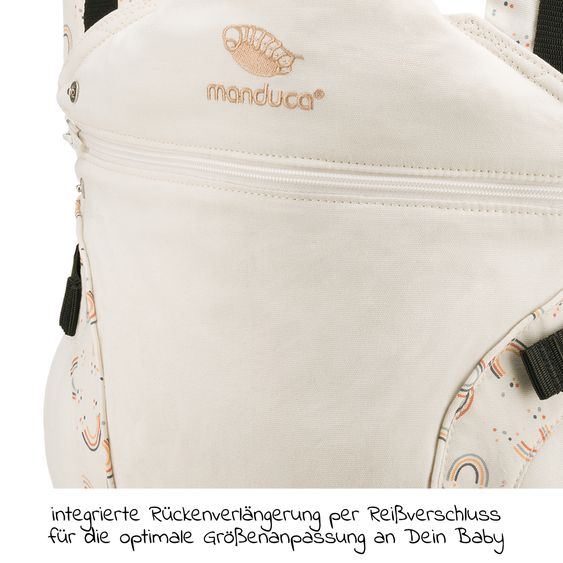 manduca Babytrage First für Neugeborene ab 3,5 kg - 20 kg mit 3 Tragepositionen aus 100% Bio-Baumwolle - RainbowDay - Sand Print