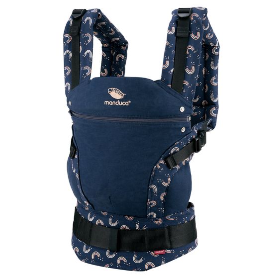 manduca Babytrage First für Neugeborene ab 3,5 kg - 20 kg mit 3 Tragepositionen aus 100% Bio-Baumwolle - RainbowNight - Navy Print