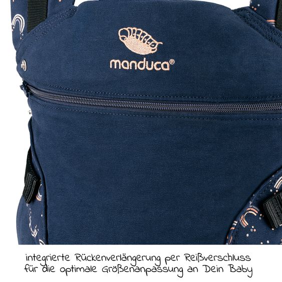 manduca Babytrage First für Neugeborene ab 3,5 kg - 20 kg mit 3 Tragepositionen aus 100% Bio-Baumwolle - RainbowNight - Navy Print