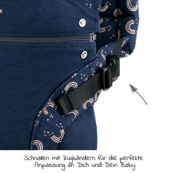 manduca Babytrage First für Neugeborene ab 3,5 kg - 20 kg mit 3 Tragepositionen aus 100% Bio-Baumwolle - RainbowNight - Navy Print