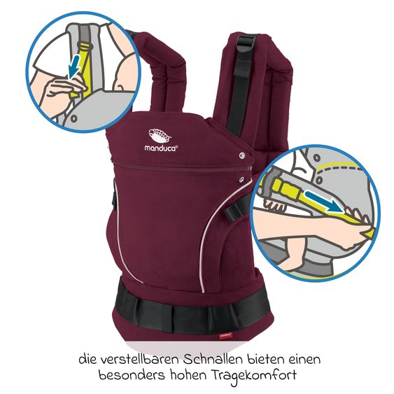 manduca Babytrage First Pure Cotton für Neugeborene ab 3,5 kg - 20 kg mit 3 Tragepositionen aus 100% Bio-Baumwolle - Berry