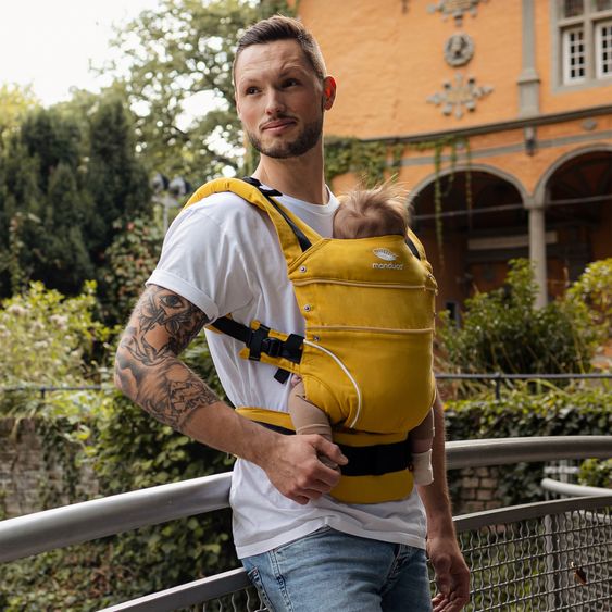 manduca Babytrage First Pure Cotton für Neugeborene ab 3,5 kg - 20 kg mit 3 Tragepositionen aus 100% Bio-Baumwolle - Gold