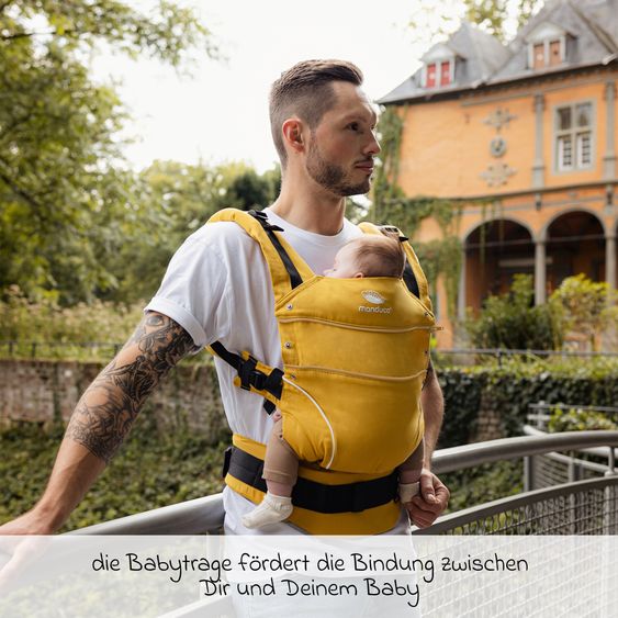 manduca Babytrage First Pure Cotton für Neugeborene ab 3,5 kg - 20 kg mit 3 Tragepositionen aus 100% Bio-Baumwolle - Gold
