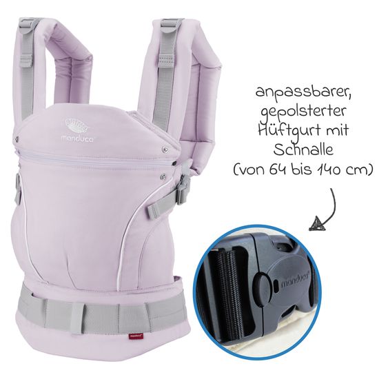 manduca Babytrage First Pure Cotton für Neugeborene ab 3,5 kg - 20 kg mit 3 Tragepositionen aus 100% Bio-Baumwolle - Lavender