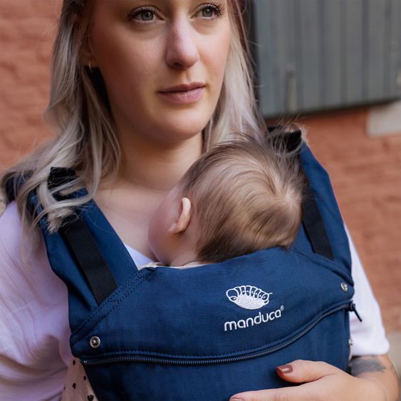 manduca Babytrage First Pure Cotton für Neugeborene ab 3,5 kg - 20 kg mit 3 Tragepositionen aus 100% Bio-Baumwolle - Navy