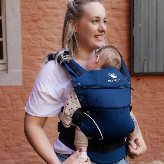 manduca Babytrage First Pure Cotton für Neugeborene ab 3,5 kg - 20 kg mit 3 Tragepositionen aus 100% Bio-Baumwolle - Navy