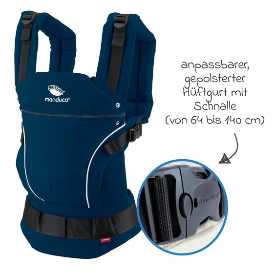manduca Babytrage First Pure Cotton für Neugeborene ab 3,5 kg - 20 kg mit 3 Tragepositionen aus 100% Bio-Baumwolle - Navy