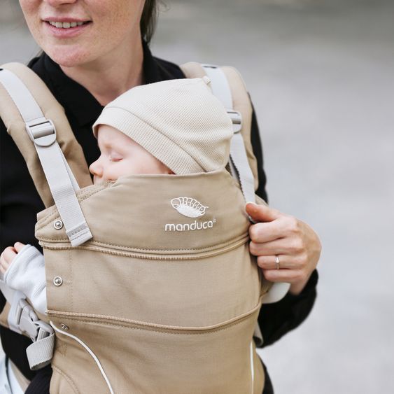manduca Babytrage First Pure Cotton für Neugeborene ab 3,5 kg - 20 kg mit 3 Tragepositionen aus 100% Bio-Baumwolle - Nougat