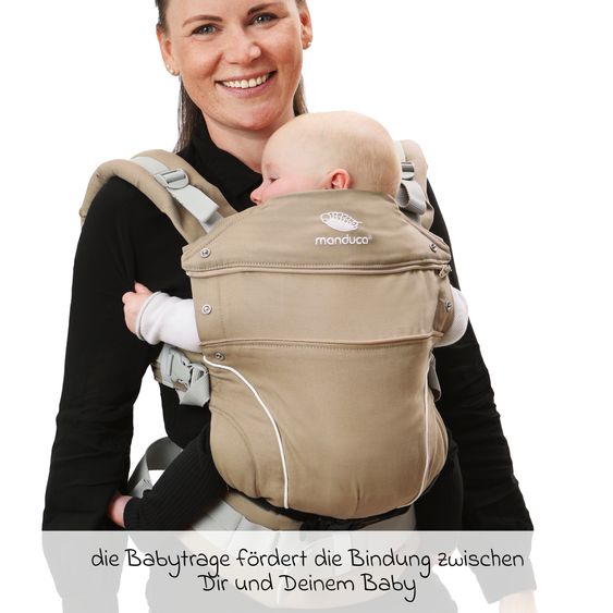 manduca Babytrage First Pure Cotton für Neugeborene ab 3,5 kg - 20 kg mit 3 Tragepositionen aus 100% Bio-Baumwolle - Nougat