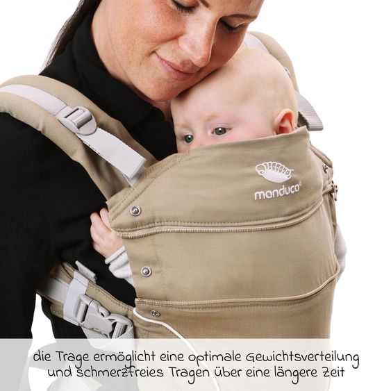 manduca Babytrage First Pure Cotton für Neugeborene ab 3,5 kg - 20 kg mit 3 Tragepositionen aus 100% Bio-Baumwolle - Nougat