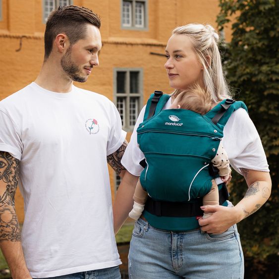 manduca Babytrage First Pure Cotton für Neugeborene ab 3,5 kg - 20 kg mit 3 Tragepositionen aus 100% Bio-Baumwolle - Teal