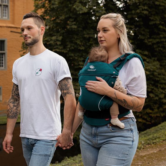 manduca Babytrage First Pure Cotton für Neugeborene ab 3,5 kg - 20 kg mit 3 Tragepositionen aus 100% Bio-Baumwolle - Teal