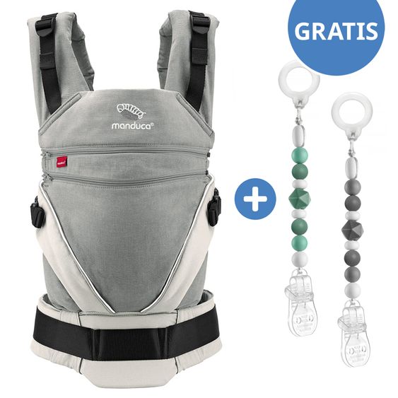 manduca Baby carrier set XT-Cotton for newborns from 3.5 kg - 20 kg with 3 carrying positions 100% organic cotton incl. 2 FREE pacifier chains MiaMia Grey Green - Grey White