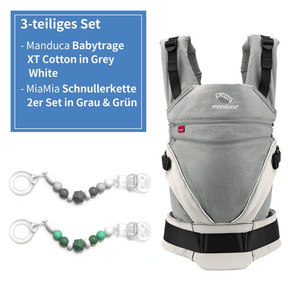 manduca Baby carrier set XT-Cotton for newborns from 3.5 kg - 20 kg with 3 carrying positions 100% organic cotton incl. 2 FREE pacifier chains MiaMia Grey Green - Grey White