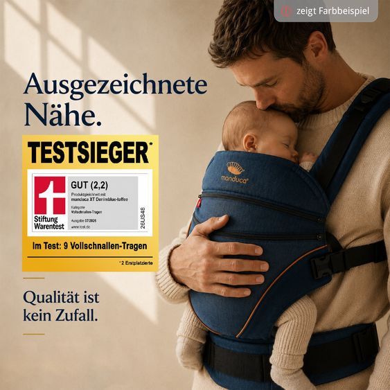 manduca Babytrage XT ab Geburt von 3,5 kg - 20 kg inkl. 2 Schnullerketten aus Silikon - Denimberry Toffee