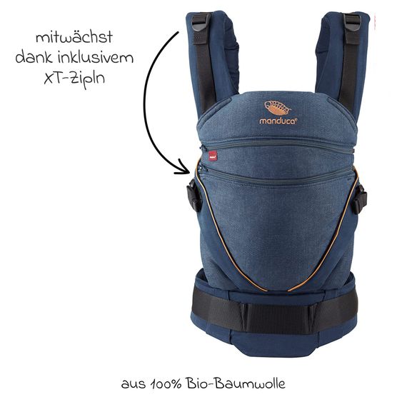 manduca Baby Carrier XT from birth 3.5 kg - 20 kg incl. 2 pacifier chains made of silicone - Denimblue Toffee