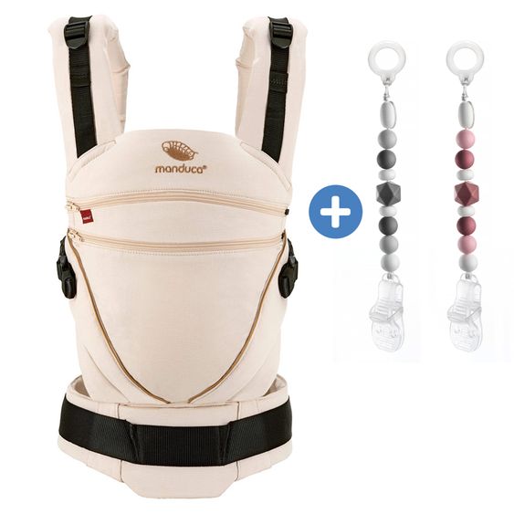 manduca Marsupio Babytrage XT da 3,5 kg a 20 kg incl. 2 catene per ciuccio in silicone - Denimpowder Toffee
