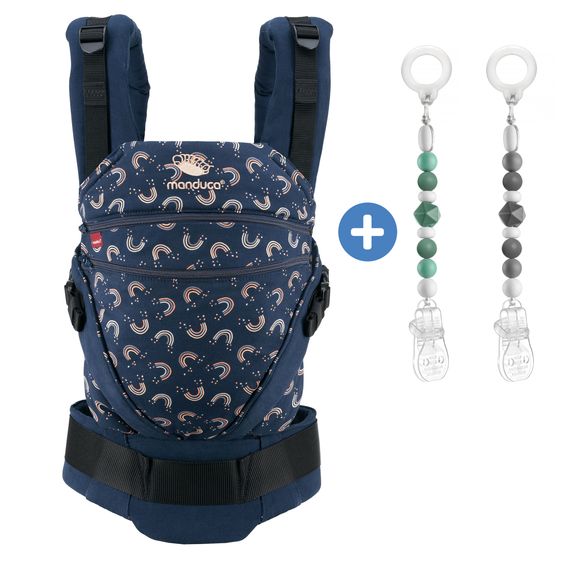 manduca Babytrage XT ab Geburt von 3,5 kg - 20 kg inkl. 2 Schnullerketten aus Silikon - RainbowNight - Navy Print