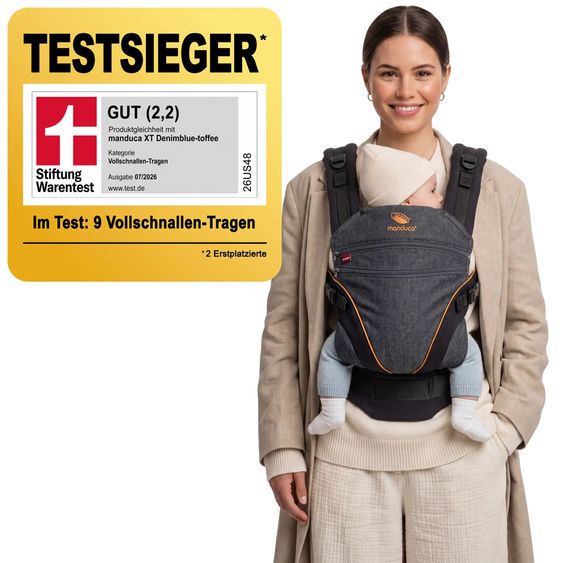 manduca Babytrage XT ab Geburt von 3,5 kg - 20 kg inkl. Schnullerkette aus Holz - Denimblack Toffee