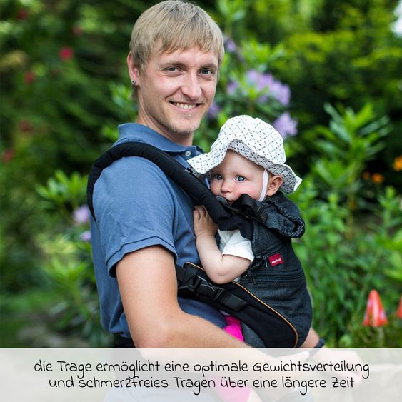 manduca Babytrage XT ab Geburt von 3,5 kg - 20 kg inkl. Schnullerkette aus Holz - Denimblack Toffee