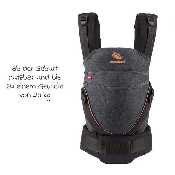 manduca Babytrage XT ab Geburt von 3,5 kg - 20 kg inkl. Schnullerkette aus Holz - Denimblack Toffee