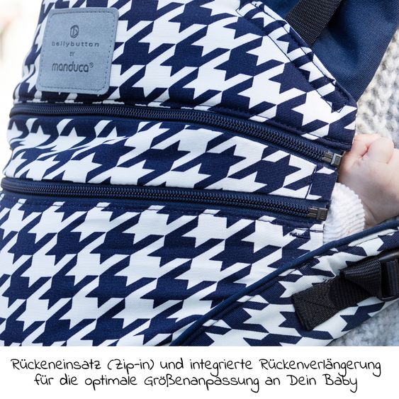 manduca Babytrage XT für Neugeborene ab 3,5 kg - 20 kg mit 3 Tragepositionen aus 100% Bio-Baumwolle - Bellybutton - PepitaNavy