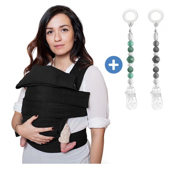 Marsupi Babytrage Classic 2.0 ab Geburt - 15 kg inkl. 2 Schnullerketten aus Silikon - Black - Gr. S/M