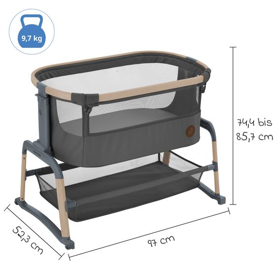 Maxi-Cosi 2-in-1 Beistellbett Iora Air mit Schaukelfunktion, atmungsaktive Stoffe, klappbar, inkl. Matratze & Reisetasche - Beyond Graphite