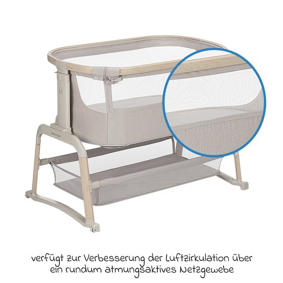 Maxi-Cosi 2-in-1 Beistellbett Iora Air mit Schaukelfunktion, atmungsaktive Stoffe, klappbar, inkl. Matratze & Reisetasche - Classic Beige Eco FR