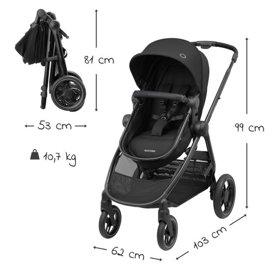 Maxi-Cosi 2 -in- 1 Kombi-Kinderwagen Zelia³ wendbarer Sitz & Wanne in einem, verstellbarer Schieber, 22 kg - Essential Black