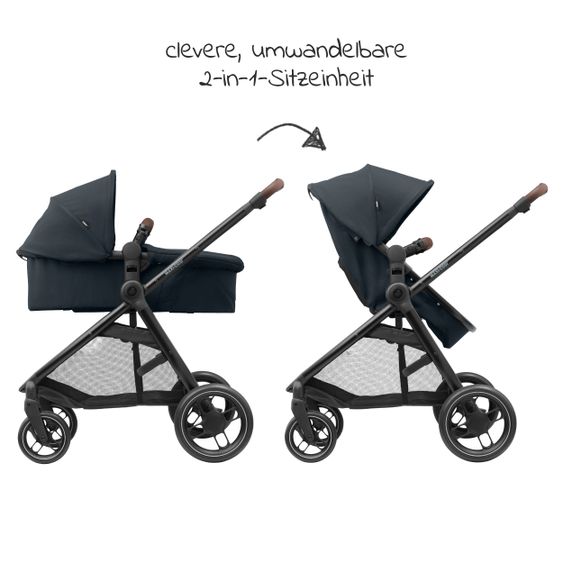 Maxi-Cosi 2 -in- 1 Kombi-Kinderwagen Zelia³ wendbarer Sitz & Wanne in einem, verstellbarer Schieber, 22 kg - Essential Graphite