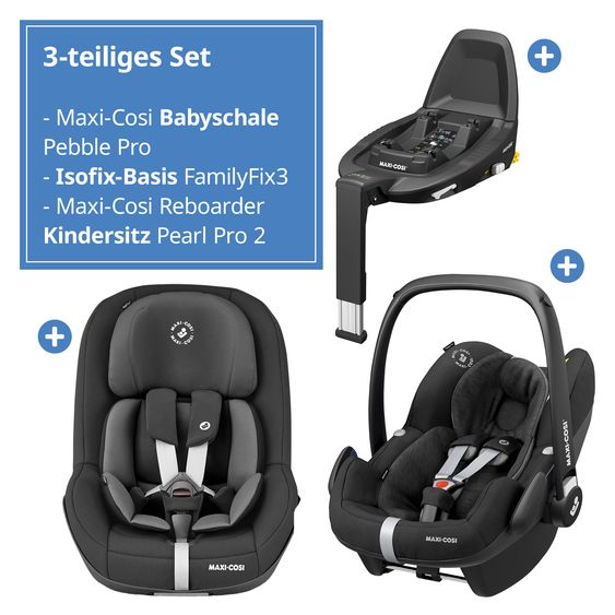 Maxi-Cosi 3in1 Babyschale & Reboarder-Set ab Geburt - 4 Jahre (45 cm - 105 cm) mit Babyschale Pebble Pro, Kindersitz Pearl Pro 2 inkl. FamilyFix 3 - Black