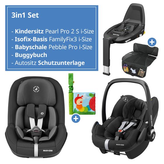 Maxi-Cosi 3in1 infant car seat & reboarder set from birth - 4 years (61 cm - 105 cm) with Pebble Pro infant car seat, Pearl Pro 2 child seat, FamilyFix 3 incl. protective pad & buggy book - Black