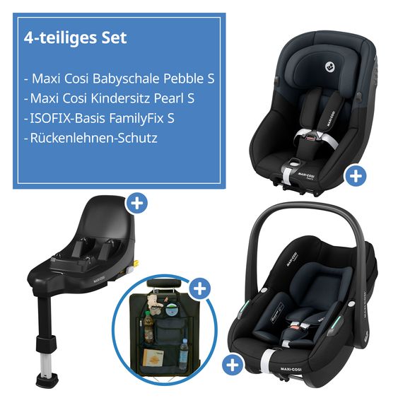 Maxi-Cosi 3in1 Babyschale & Reboarder-Set ab Geburt bis 4 Jahre mit (40 - 105 cm) mit Babyschale Pebble S i-Size & Kindersitz Pearl S inkl. Isofix-Basis FamilyFix S & Rückenlehnenschutz - Tonal Black