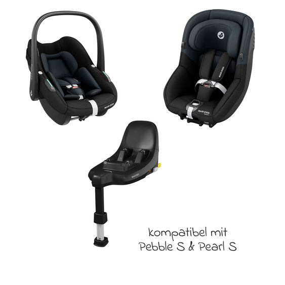 Maxi-Cosi 3in1 Babyschale & Reboarder-Set ab Geburt bis 4 Jahre mit (40 - 105 cm) mit Babyschale Pebble S i-Size & Kindersitz Pearl S inkl. Isofix-Basis FamilyFix S & Rückenlehnenschutz - Tonal Black