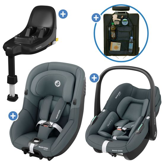 Maxi-Cosi 3in1 Babyschale & Reboarder-Set ab Geburt bis 4 Jahre mit (40 - 105 cm) mit Babyschale Pebble S i-Size & Kindersitz Pearl S inkl. Isofix-Basis FamilyFix S & Rückenlehnenschutz - Tonal Graphite