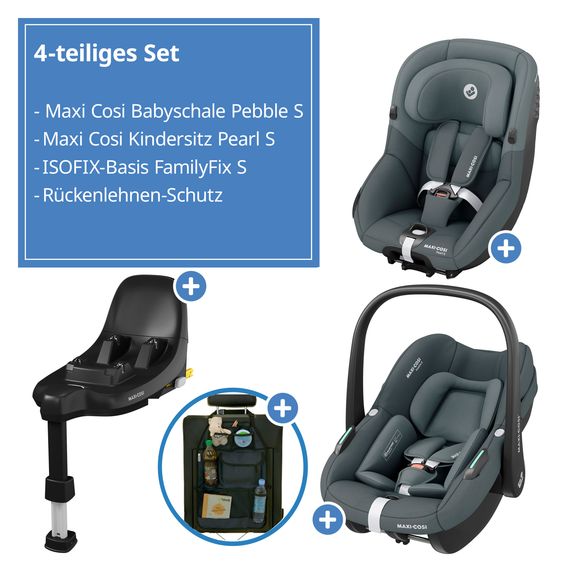 Maxi-Cosi 3in1 Babyschale & Reboarder-Set ab Geburt bis 4 Jahre mit (40 - 105 cm) mit Babyschale Pebble S i-Size & Kindersitz Pearl S inkl. Isofix-Basis FamilyFix S & Rückenlehnenschutz - Tonal Graphite