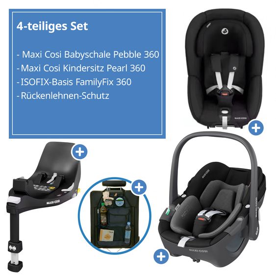 Maxi-Cosi 3in1 Babyschale & Reboarder-Set FamilyFix 360 ab Geburt bis 4 Jahre (40 - 105 cm) mit Babyschale Pebble 360 & Kindersitz Pearl 360 inkl. Isofix-Basis FamilyFix & Rückenlehnenschutz - Black