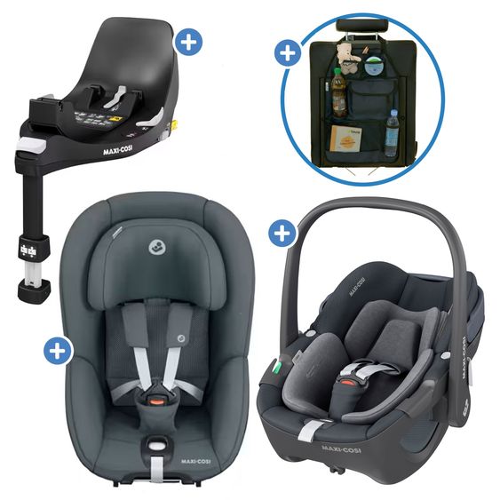 Maxi-Cosi 3in1 Babyschale & Reboarder-Set FamilyFix 360 ab Geburt bis 4 Jahre (40 - 105 cm) mit Babyschale Pebble 360 & Kindersitz Pearl 360 inkl. Isofix-Basis FamilyFix & Rückenlehnenschutz - Graphite