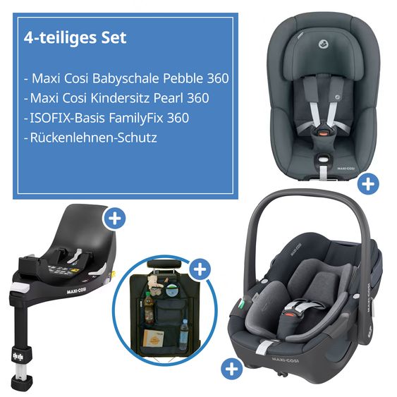 Maxi-Cosi 3in1 Babyschale & Reboarder-Set FamilyFix 360 ab Geburt bis 4 Jahre (40 - 105 cm) mit Babyschale Pebble 360 & Kindersitz Pearl 360 inkl. Isofix-Basis FamilyFix & Rückenlehnenschutz - Graphite