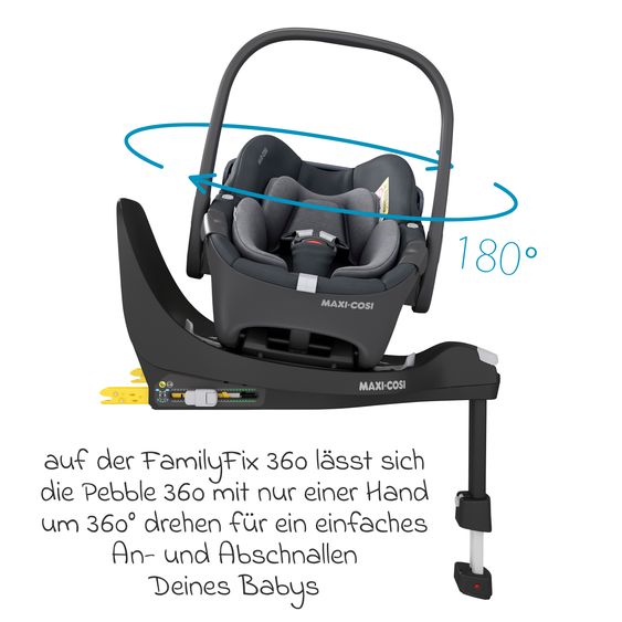 Maxi-Cosi 3in1 Babyschale & Reboarder-Set FamilyFix 360 ab Geburt bis 4 Jahre (40 - 105 cm) mit Babyschale Pebble 360 & Kindersitz Pearl 360 inkl. Isofix-Basis FamilyFix & Rückenlehnenschutz - Graphite